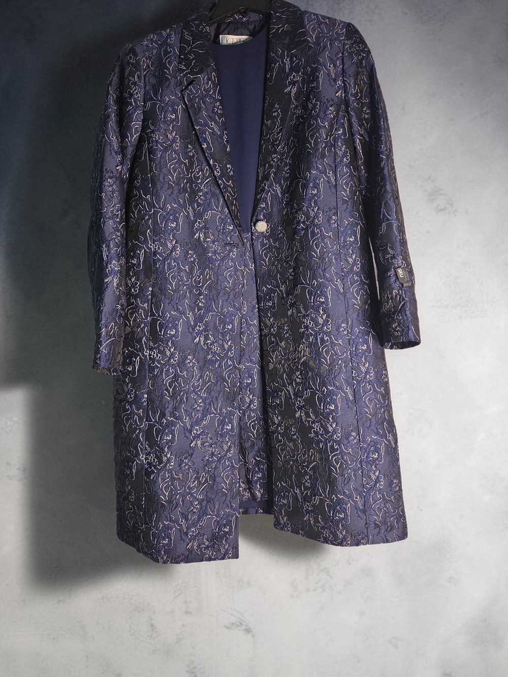 Kasper Navy Brocade Trench Coat with Metallic Floral Detail